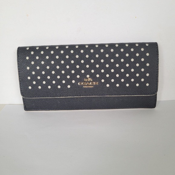 Coach Wallet Envelope Blue White Crossgrain Large Polka Dot Preforated Damaged - Picture 1 of 12